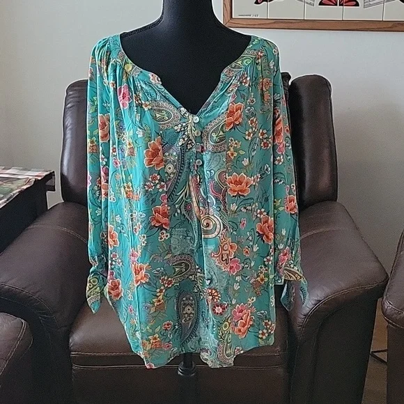 FINAL PRICE Teal Tropical Print Blouse - Picture 4 of 11
